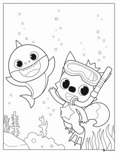Baby Shark and Pinkfong coloring page both swimming