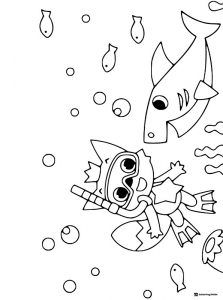 Baby Shark and diver coloring page swimming with fish