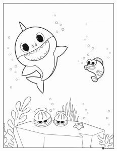 Baby Shark and fish coloring page underwater scene