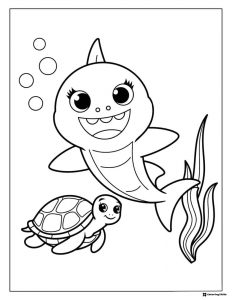 Baby Shark and turtle coloring page swimming underwater