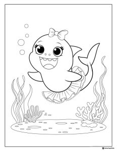 Baby Shark ballerina coloring page with a tutu and bow