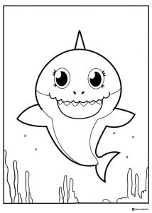 Baby Shark coloring page happily swimming in ocean