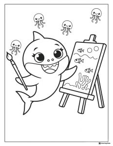 Baby Shark coloring page painting on an easel with jellyfish