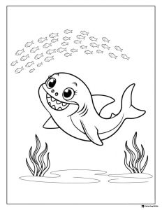 Baby Shark coloring page surrounded by school of fish