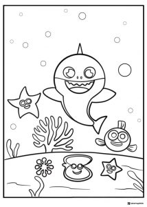 Baby Shark coloring page surrounded by sea creatures