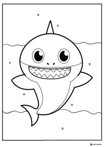 Baby Shark coloring page swimming with open mouth and waves