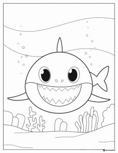 Baby Shark coloring page underwater scene with coral