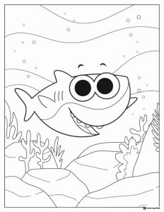 Baby Shark coloring page underwater with coral