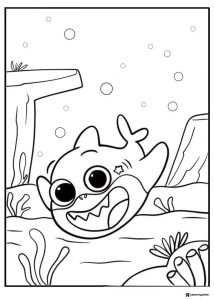 Baby Shark coloring page underwater with rocks