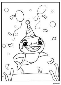 Baby Shark coloring page wearing party hat with balloons