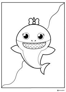 Baby Shark coloring page with a bow surrounded by lines
