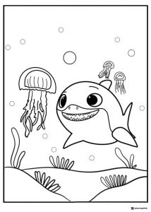 Baby Shark coloring page with various jellyfish