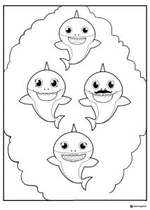 Baby Shark family coloring page all together in bubbles
