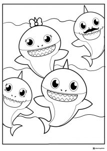 Baby Shark family coloring page swimming with waves