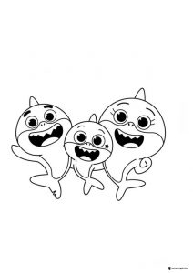 Baby Shark family coloring sheet three sharks smiling