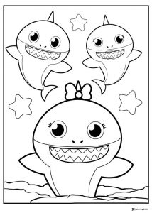 Baby Shark family coloring sheet three sharks with stars