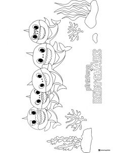 Baby Shark friends coloring page five sharks underwater