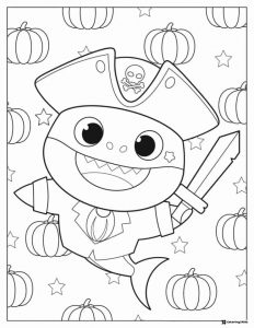 Baby Shark pirate coloring page with sword and pumpkins