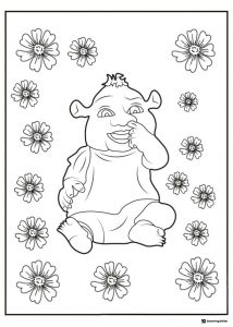 Baby Shrek picking nose with flowers coloring page