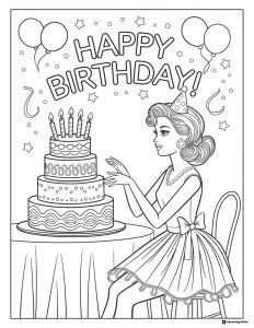 Barbie Birthday Coloring Page with Cake and Party Hat