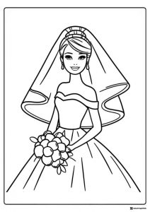 Barbie Bride Coloring Page with Bouquet and Veil