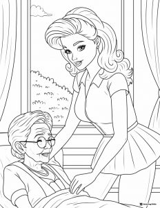 Barbie Caregiver Coloring Page with Elderly Woman
