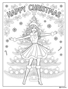 Barbie Christmas Coloring Page with Decorated Tree