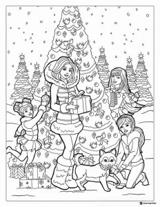 Barbie Christmas Coloring Page with Friends and Dog