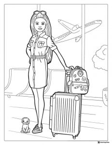 Barbie Coloring Page at Airport with Suitcase and Puppy