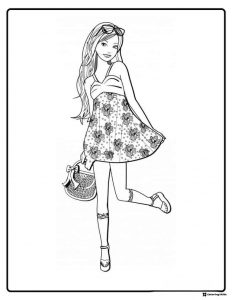 Barbie Coloring Page in Floral Dress with Bag