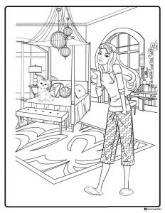 Barbie Coloring Page in Pajamas with Cat in Bedroom