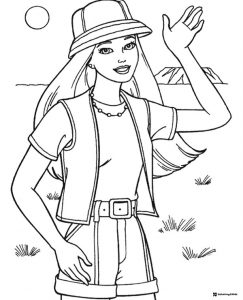 Barbie Coloring Page in Safari Outfit Waving