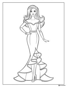 Barbie Coloring Page in a Ruffled Evening Gown