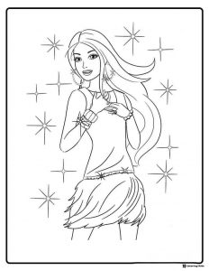 Barbie Coloring Page in a Sparkly Dress with Starbursts