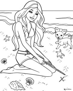 Barbie Coloring Page on Beach with Dog and Shells