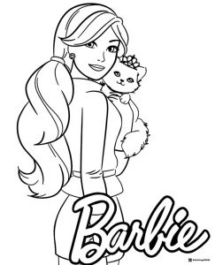 Barbie Coloring Page with a Cute Kitten