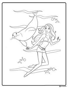 Barbie Coloring Sheet Swimming with a Seal