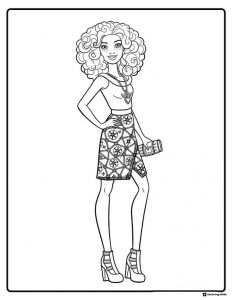 Barbie Coloring Sheet with Curly Hair and Patterned Skirt