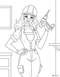 Barbie Construction Worker Coloring Page with Drill