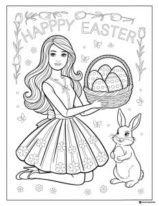 Barbie Easter Coloring Page with Basket of Eggs and Bunny