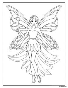 Barbie Fairy Coloring Page with Wand and Big Wings
