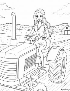 Barbie Farmer Coloring Page on a Tractor