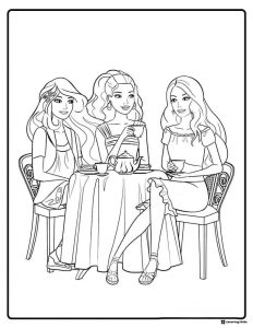 Barbie Friends Coloring Sheet Having Tea