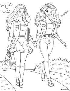Barbie Friends Walking Coloring Page Outdoors