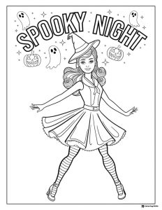 Barbie Halloween Coloring Page as Witch with Ghosts