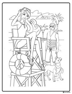 Barbie Lifeguard Coloring Page with Ken and Dog
