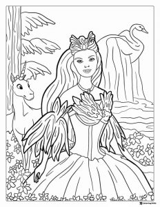 Barbie Princess Coloring Page with Unicorn and Swan