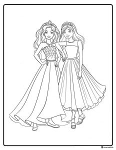 Barbie Princess Friends Coloring Page in Gowns