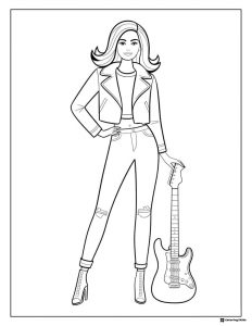 Barbie Rockstar Coloring Page with Guitar and Jeans