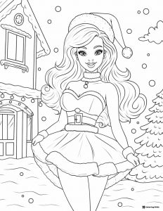 Barbie Santa Coloring Page in Winter Scene